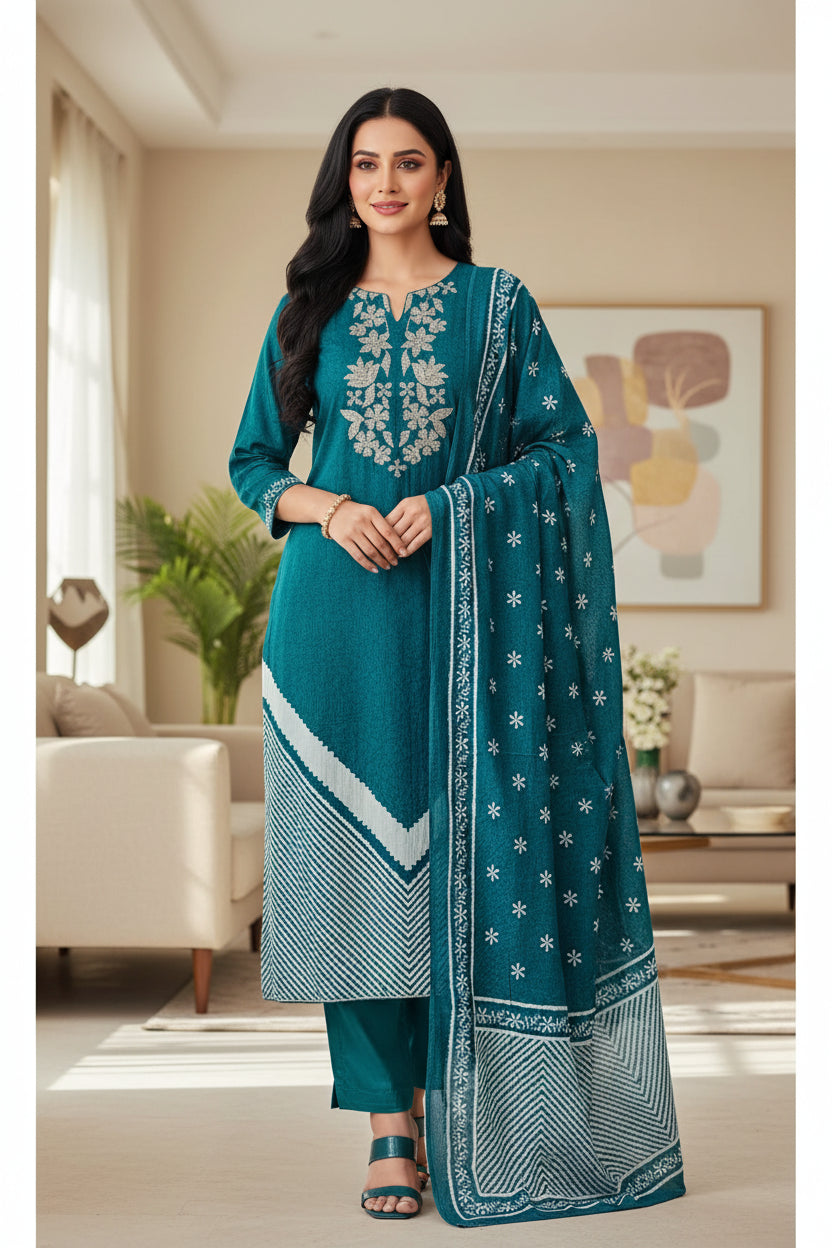 Cotton Digital Print Zari Embroidery Unstitched Suit with Mul Cotton Dupatta