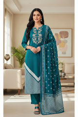 Cotton Digital Print Zari Embroidery Unstitched Suit with Mul Cotton Dupatta