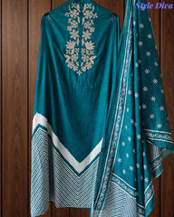Cotton Digital Print Zari Embroidery Unstitched Suit with Mul Cotton Dupatta