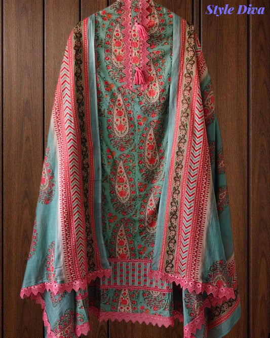 Jaam Cotton Digital Printed Crochet Lacing Unstitched Suit with Mul Cotton Dupatta