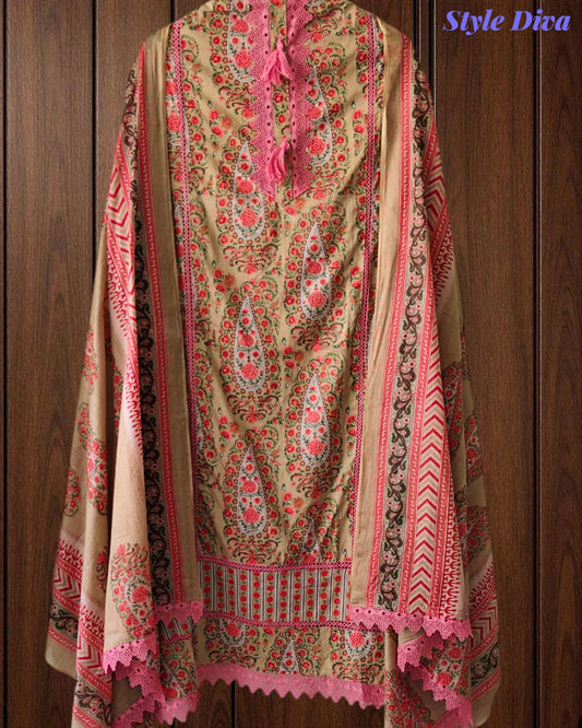 Jaam Cotton Digital Printed Crochet Lacing Unstitched Suit with Mul Cotton Dupatta