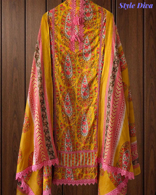 Jaam Cotton Digital Printed Crochet Lacing Unstitched Suit with Mul Cotton Dupatta