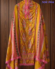 Jaam Cotton Digital Printed Crochet Lacing Unstitched Suit with Mul Cotton Dupatta