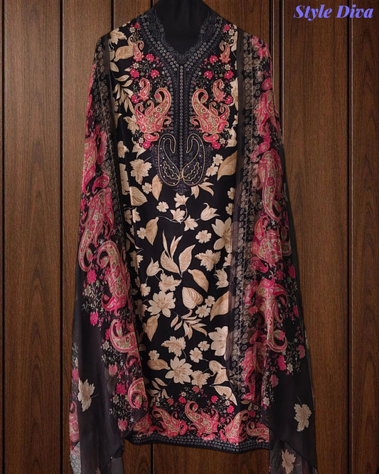 Cotton Digital Printed Unstitched Suit with Chiffon Dupatta With High-Lighting Work