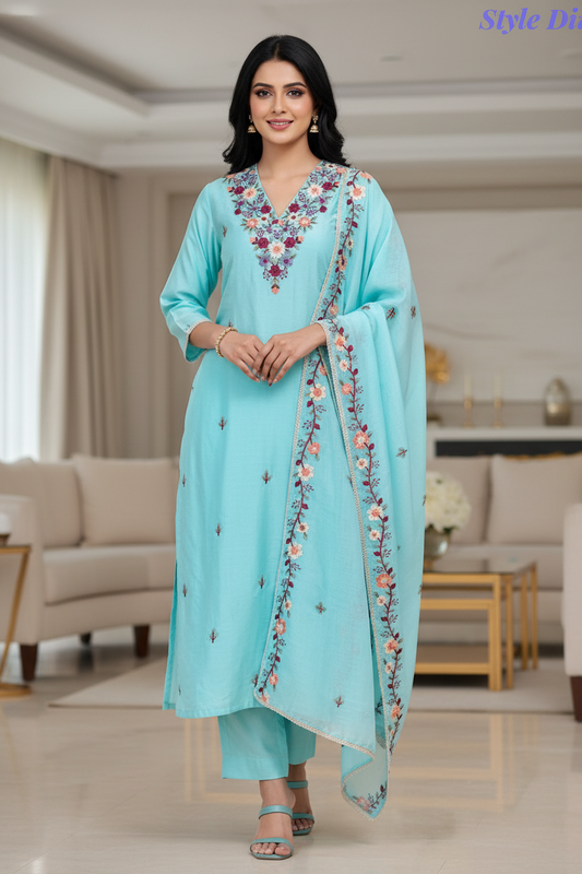 Cotton Linen Kashmiri Embroidery Un-Stitched Suit with Linen Dupatta