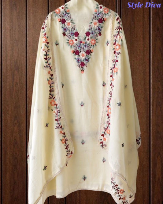 Cotton Linen Kashmiri Embroidery Un-Stitched Suit with Linen Dupatta