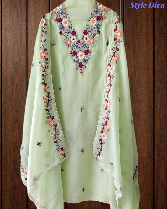 Cotton Linen Kashmiri Embroidery Un-Stitched Suit with Linen Dupatta