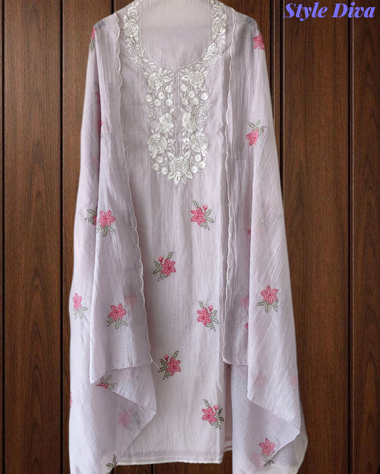 (LAVENDER)-Mul Cotton Neck Embroidered Unstitched Suit with Cross Stitch Work Dupatta