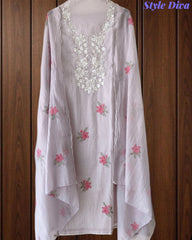 (LAVENDER)-Mul Cotton Neck Embroidered Unstitched Suit with Cross Stitch Work Dupatta