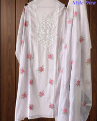 (LAVENDER)-Mul Cotton Neck Embroidered Unstitched Suit with Cross Stitch Work Dupatta