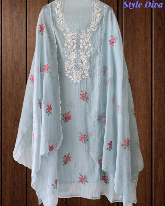 (LIGHT BLUE)-Mul Cotton Neck Embroidered Unstitched Suit with Cross Stitch Work Dupatta