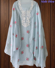 (LIGHT BLUE)-Mul Cotton Neck Embroidered Unstitched Suit with Cross Stitch Work Dupatta