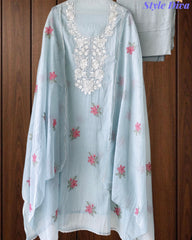 (LIGHT BLUE)-Mul Cotton Neck Embroidered Unstitched Suit with Cross Stitch Work Dupatta