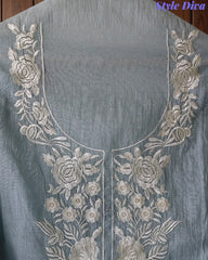 (LIGHT BLUE)-Mul Cotton Neck Embroidered Unstitched Suit with Cross Stitch Work Dupatta