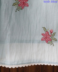 (LIGHT BLUE)-Mul Cotton Neck Embroidered Unstitched Suit with Cross Stitch Work Dupatta