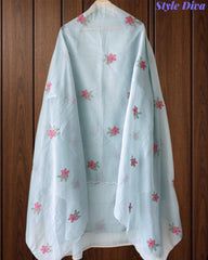 (LIGHT BLUE)-Mul Cotton Neck Embroidered Unstitched Suit with Cross Stitch Work Dupatta