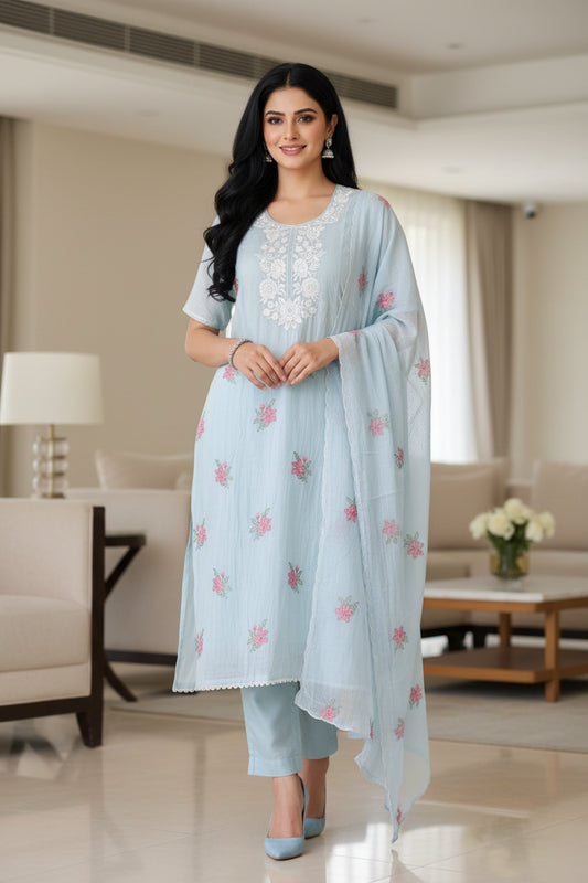 (LIGHT BLUE)-Mul Cotton Neck Embroidered Unstitched Suit with Cross Stitch Work Dupatta