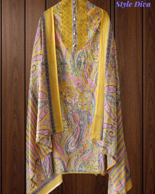 Cotton Digital Printed Crochet Lacing Unstitched Suit with Mul Cotton Dupatta