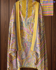 Cotton Digital Printed Crochet Lacing Unstitched Suit with Mul Cotton Dupatta