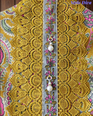 Cotton Digital Printed Crochet Lacing Unstitched Suit with Mul Cotton Dupatta