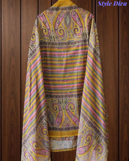Cotton Digital Printed Crochet Lacing Unstitched Suit with Mul Cotton Dupatta