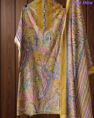 Cotton Digital Printed Crochet Lacing Unstitched Suit with Mul Cotton Dupatta
