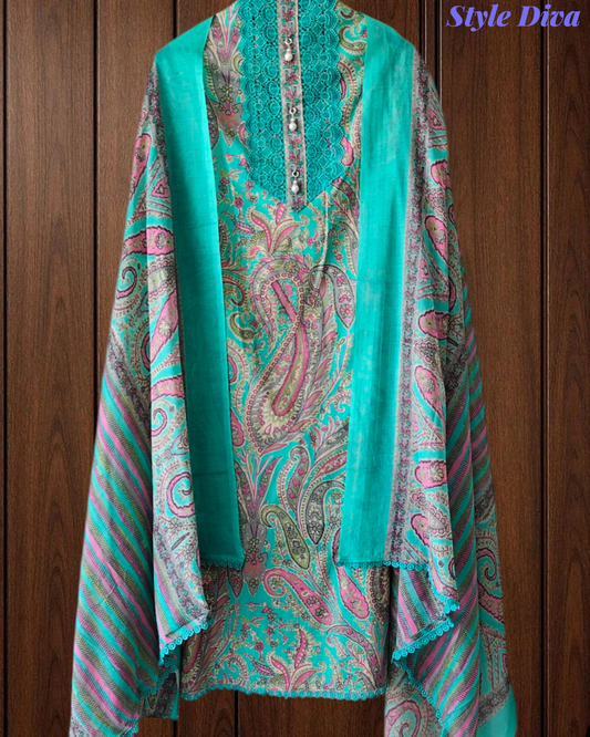 Cotton Digital Printed Crochet Lacing Unstitched Suit with Mul Cotton Dupatta
