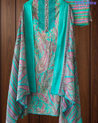 Cotton Digital Printed Crochet Lacing Unstitched Suit with Mul Cotton Dupatta