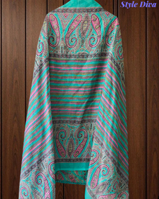 Cotton Digital Printed Crochet Lacing Unstitched Suit with Mul Cotton Dupatta