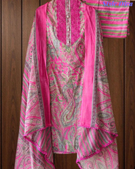 Cotton Digital Printed Crochet Lacing Unstitched Suit with Mul Cotton Dupatta
