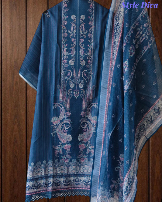 Linen Digital Print Unstitched Suit with Swarovski Highlighting Dupatta