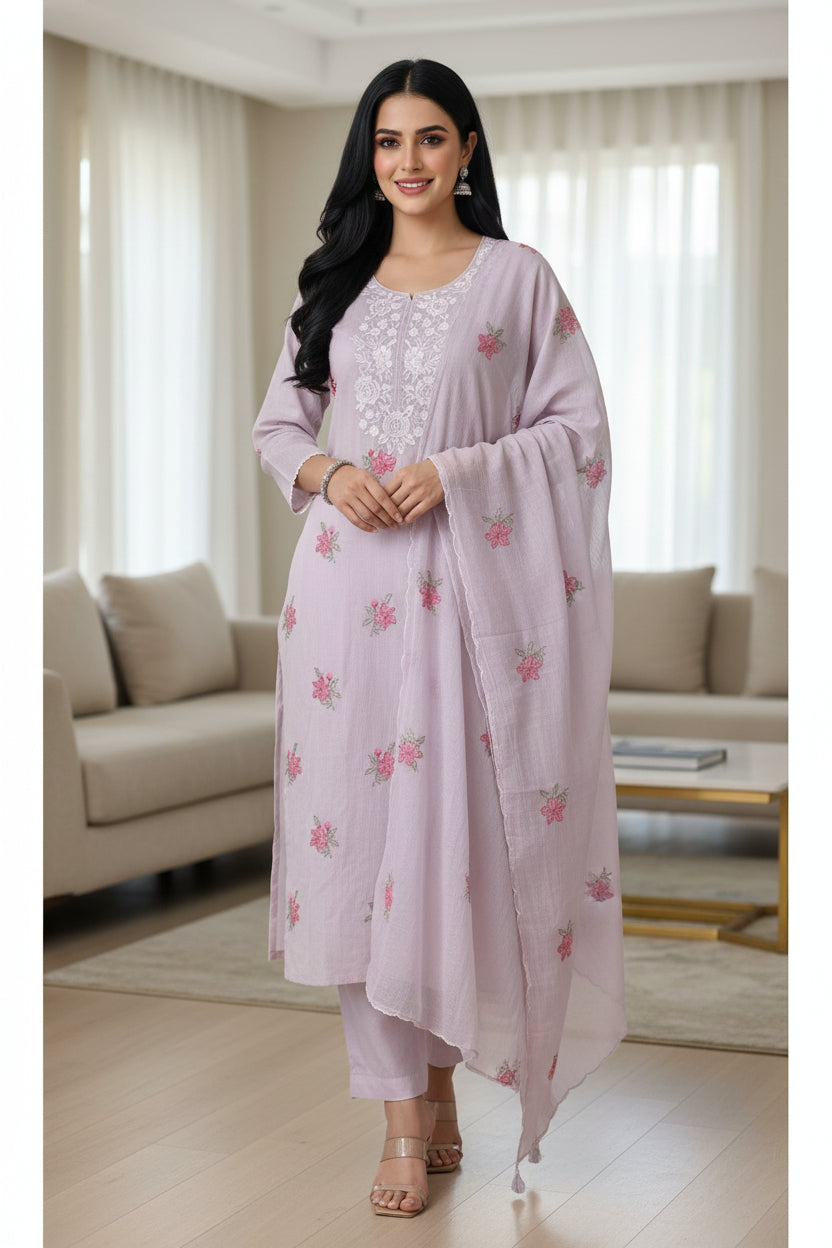 (LAVENDER)-Mul Cotton Neck Embroidered Unstitched Suit with Cross Stitch Work Dupatta