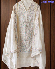Cotton Pakistani Style Embroidered Unstitched Suit with Crochet Lacing Dupatta