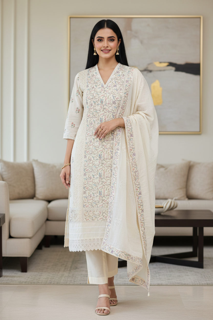 Cotton Pakistani Style Embroidered Unstitched Suit with Crochet Lacing Dupatta