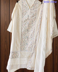 Cotton Pakistani Style Embroidered Unstitched Suit with Crochet Lacing Dupatta