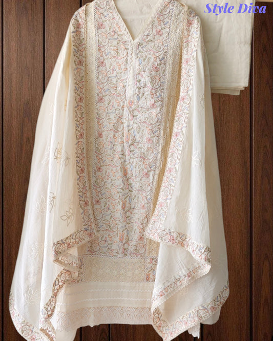 Cotton Pakistani Style Embroidered Unstitched Suit with Crochet Lacing Dupatta