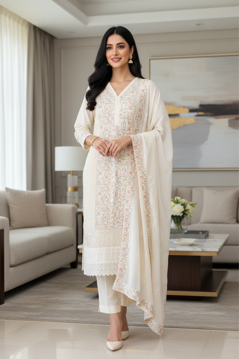 Cotton Pakistani Style Embroidered Unstitched Suit with Crochet Lacing Dupatta