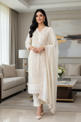 Cotton Pakistani Style Embroidered Unstitched Suit with Crochet Lacing Dupatta