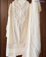 Cotton Pakistani Style Embroidered Unstitched Suit with Crochet Lacing Dupatta