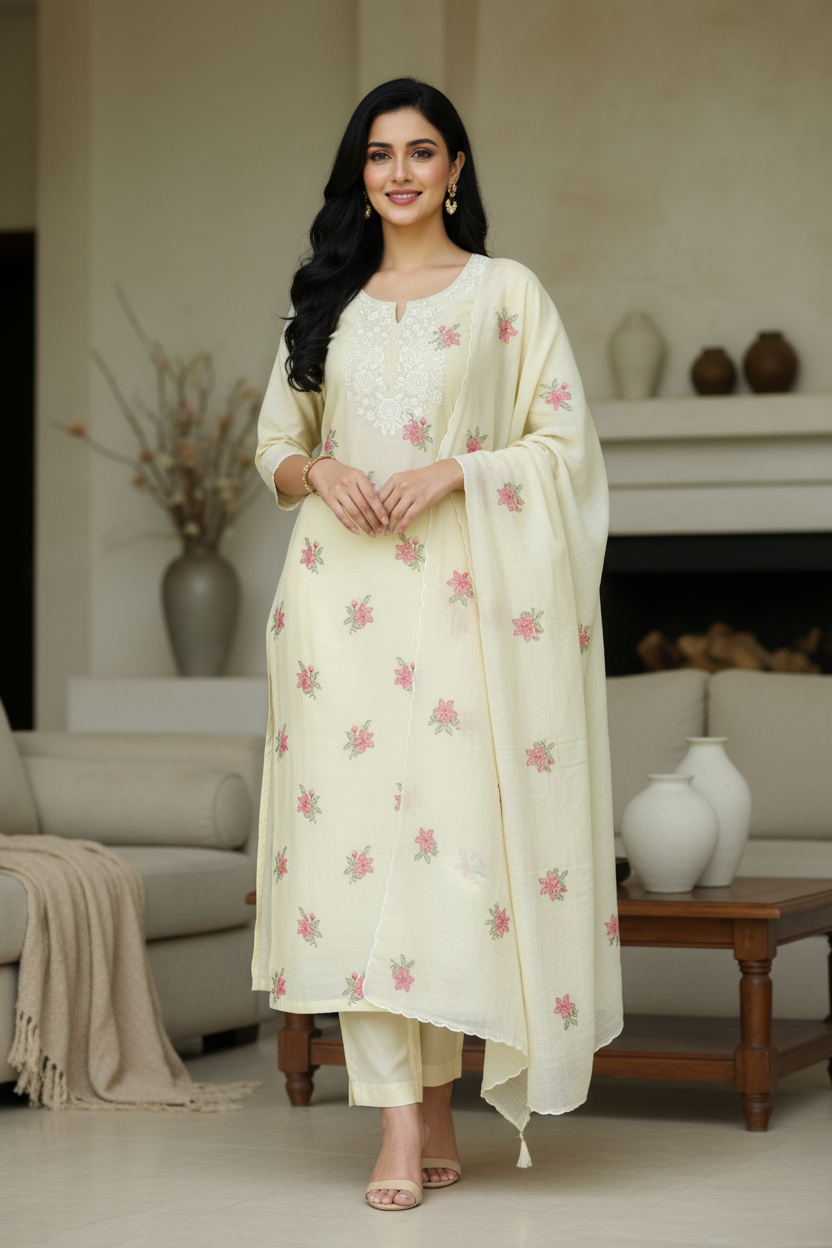 ( LIGHT GREEN)-Mul Cotton Neck Embroidered Unstitched Suit with Cross Stitch Work Dupatta