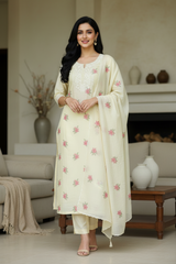 ( LIGHT GREEN)-Mul Cotton Neck Embroidered Unstitched Suit with Cross Stitch Work Dupatta