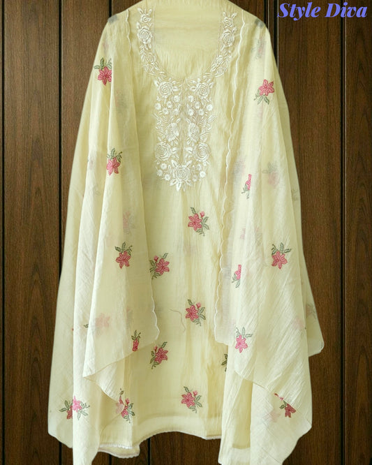 ( LIGHT GREEN)-Mul Cotton Neck Embroidered Unstitched Suit with Cross Stitch Work Dupatta