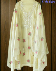 ( LIGHT GREEN)-Mul Cotton Neck Embroidered Unstitched Suit with Cross Stitch Work Dupatta