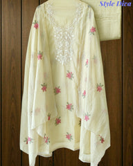 ( LIGHT GREEN)-Mul Cotton Neck Embroidered Unstitched Suit with Cross Stitch Work Dupatta