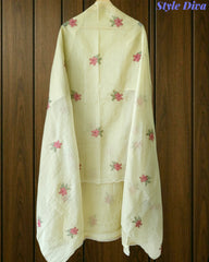 ( LIGHT GREEN)-Mul Cotton Neck Embroidered Unstitched Suit with Cross Stitch Work Dupatta