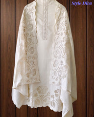 (CREAM COLOR)-Mul Embroidered Laser Cut Design Un-Stitched Suit with Scalloped Embroidered Dupatta