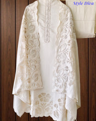 (CREAM COLOR)-Mul Embroidered Laser Cut Design Un-Stitched Suit with Scalloped Embroidered Dupatta