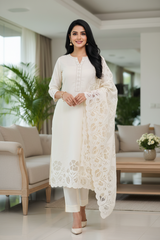 (CREAM COLOR)-Mul Embroidered Laser Cut Design Un-Stitched Suit with Scalloped Embroidered Dupatta