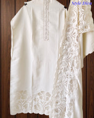 (CREAM COLOR)-Mul Embroidered Laser Cut Design Un-Stitched Suit with Scalloped Embroidered Dupatta