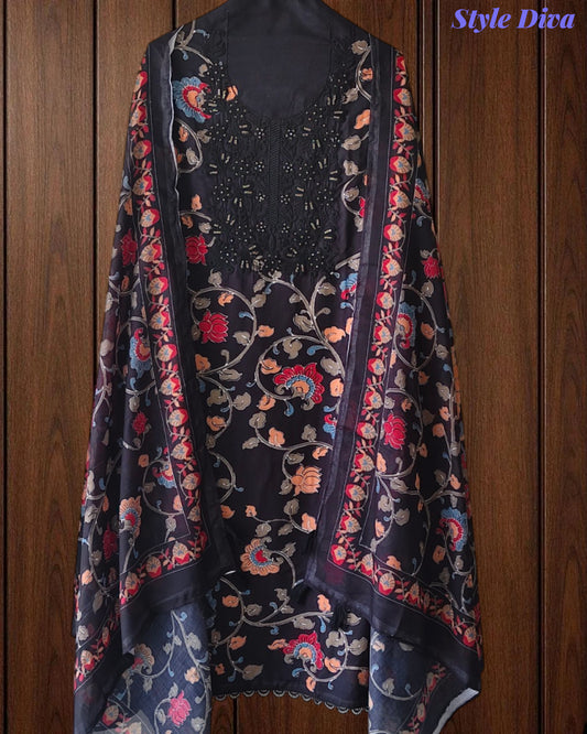 Cotton Printed Unstitched Suit with Neck Embroidery and Mul Cotton Printed Dupatta